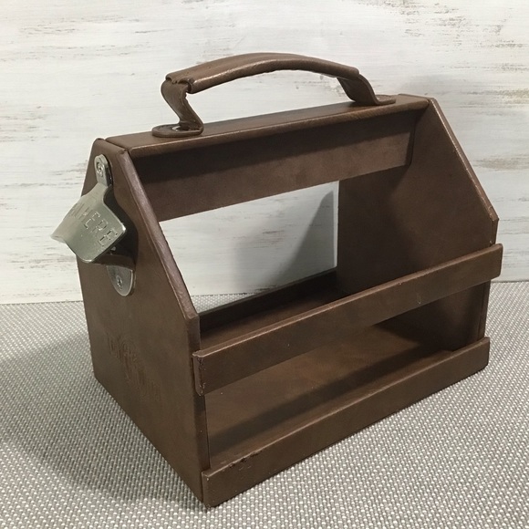 Bottle Caddy COLD BEER Lettering Brown Faux Leather Bar Accessory Man Cave Decor - Picture 1 of 11